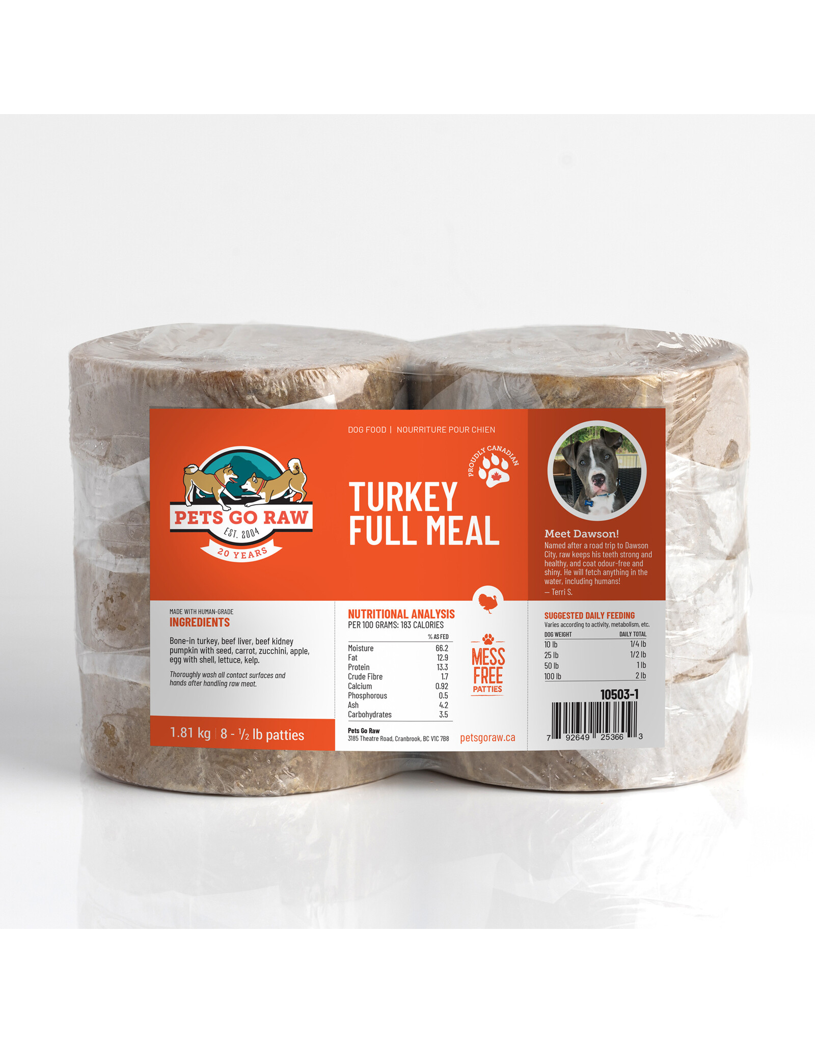 Pets Go Raw Turkey Full Meal 24lb (Approx. 48 Patties)