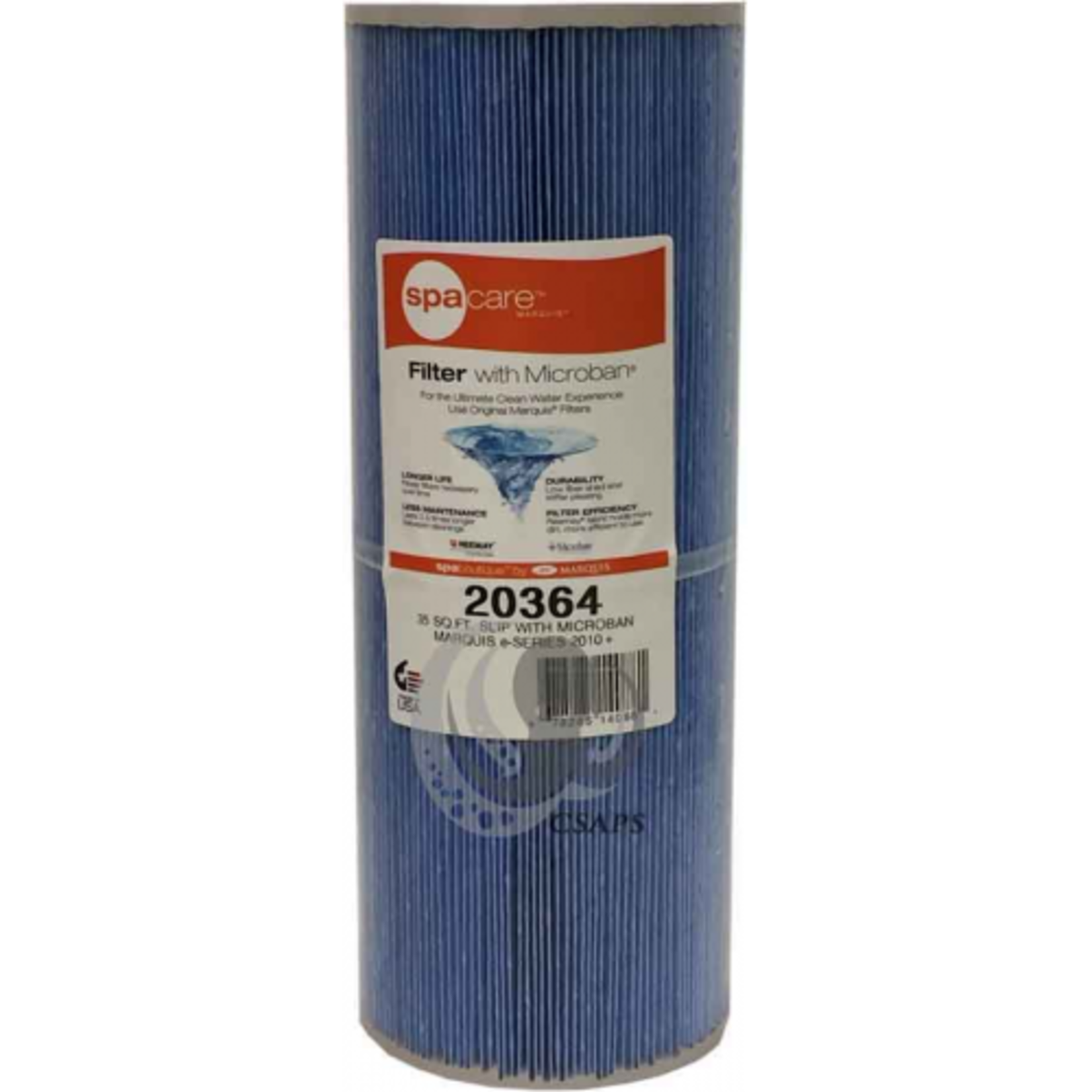 SPA CARE Marquis Filter (20364)Description: Cartridge Filter  Diameter: 5"  Length: 13-1/4"  Top: 2-1/8"  Bottom: 2-1/8"  Marquis® E-Series Filter2010+ 35 Sq. Ft with Microban Manufacturer: Marquis