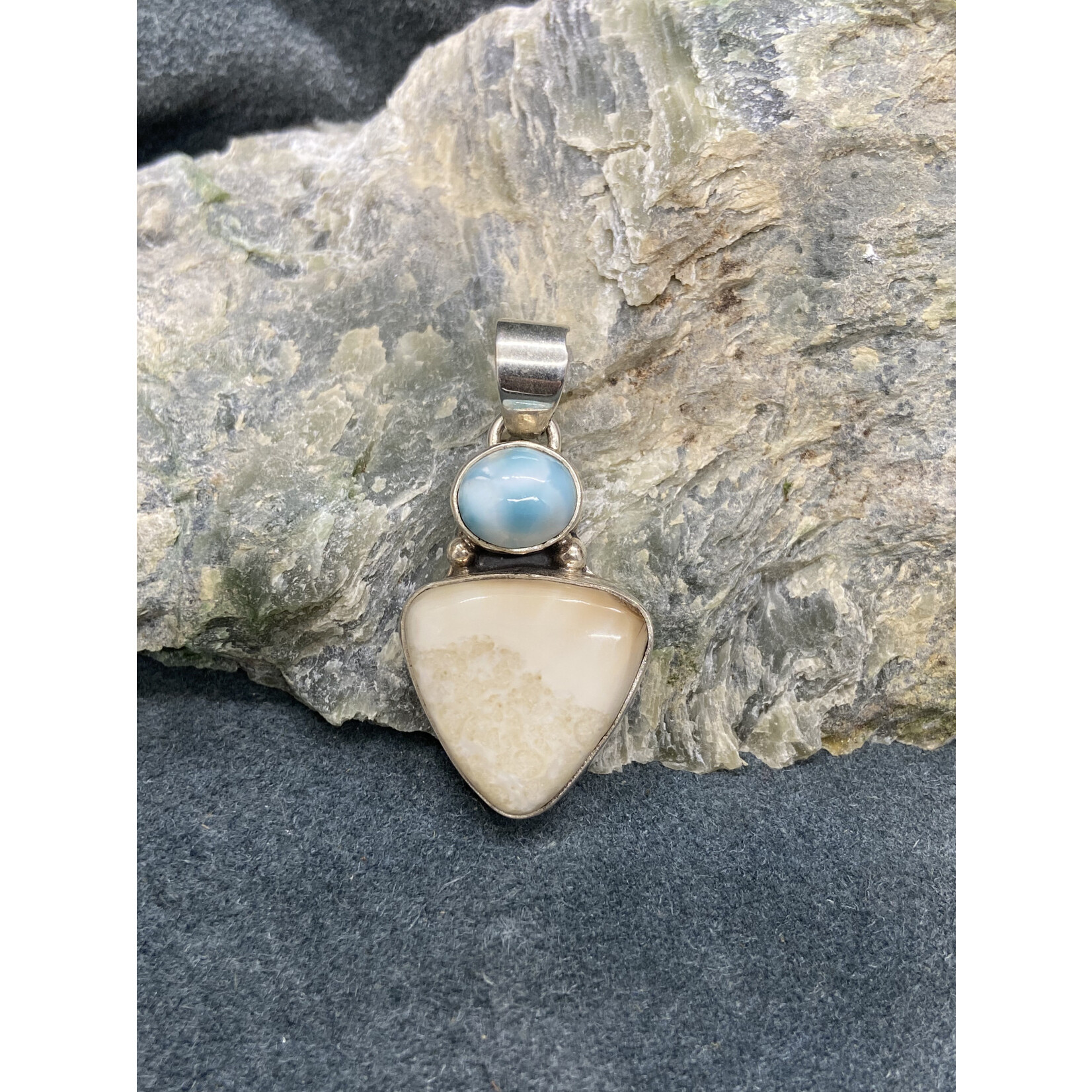 Fossil Walrus Ivory Triangle & Larimar Pendant