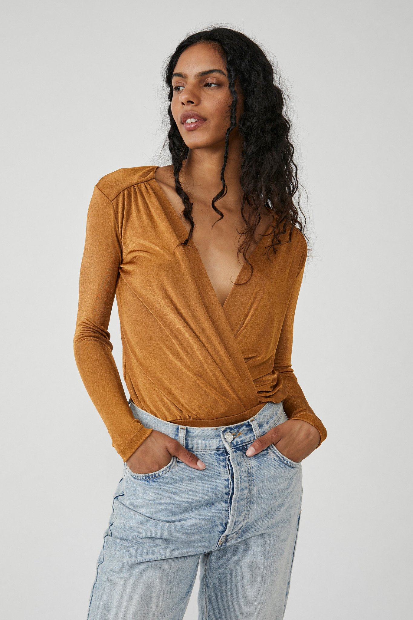Free People Intimately Womens Turnt Bodysuit Brown V-Neck Long