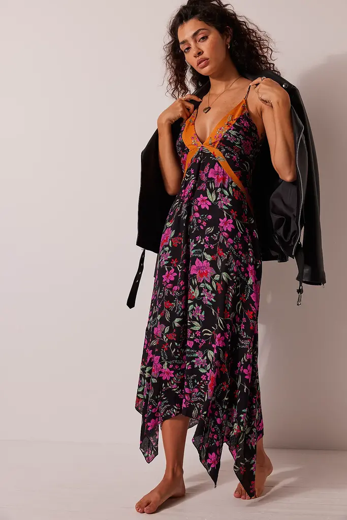FREE PEOPLE THERE SHE GOES PRINTED MAXI SLIP IN BLACK COMBO
