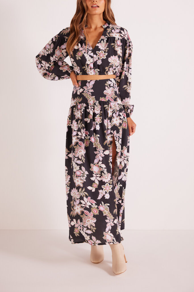 MINKPINK WILLOW MIDI SKIRT IN BLACK FLORAL