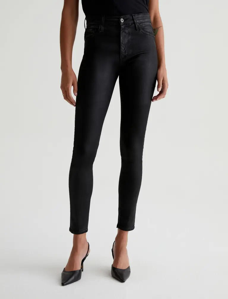 AG ADRIANO GOLDSCHMIED FARRAH SKINNY ANKLE LEATHERETTE IN SUPER BLACK