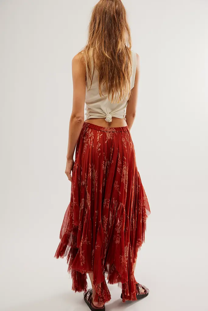 FREE PEOPLE PRINTED CLOVER SKIRT IN RUST COMBO