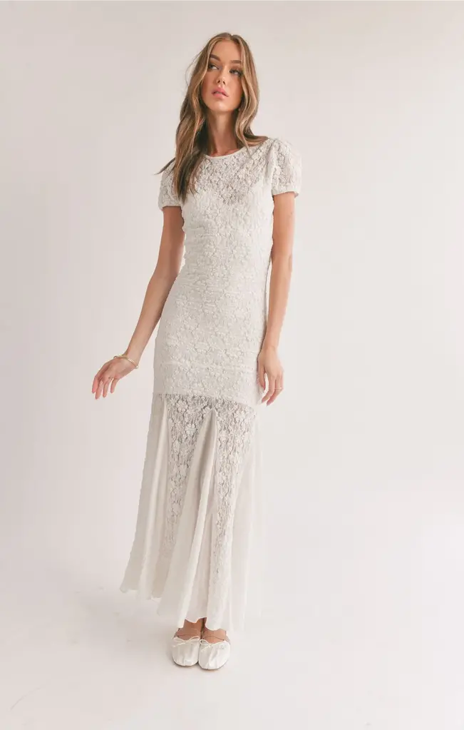 SAGE THE LABEL QUIET LIGHT GODET FLARE MAXI DRESS IN WHITE
