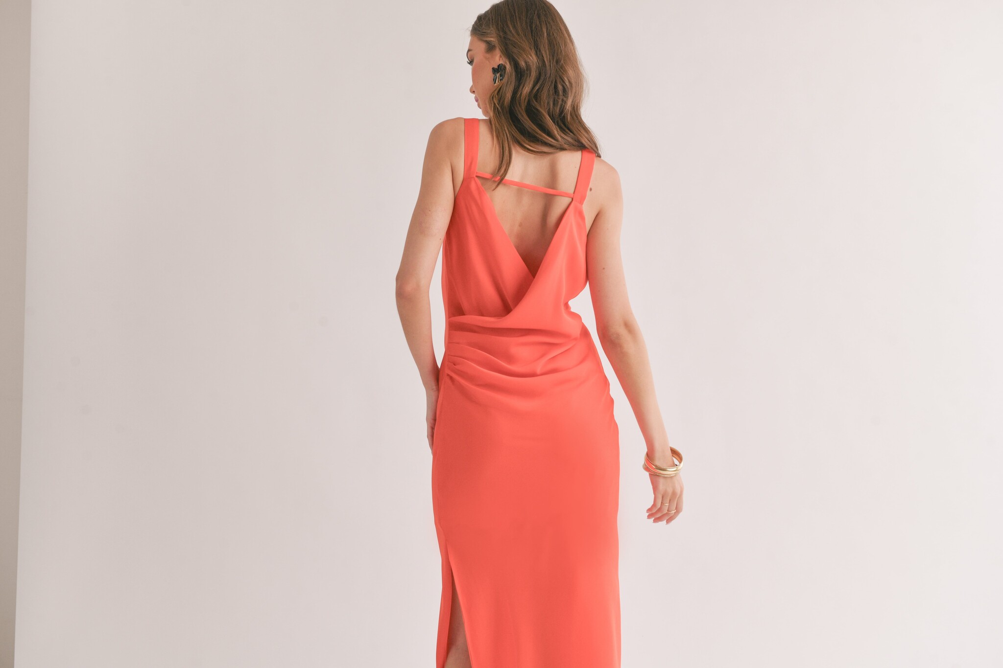 DREAM SKIES LOW BACK COWL MIDI DRESS IN RED - Honest Boutique