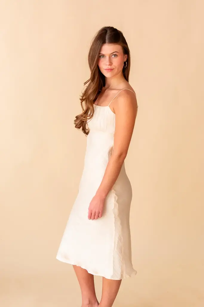 SAGE THE LABEL BLURRED GATHERED BIAS MIDI DRESS