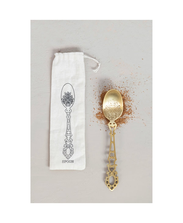 CREATIVE CO-OP Etched Brass Spoon in Drawstring Bag 7.75"