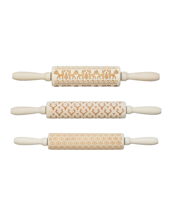 CREATIVE CO-OP Patterned Christmas Wood Rolling Pin