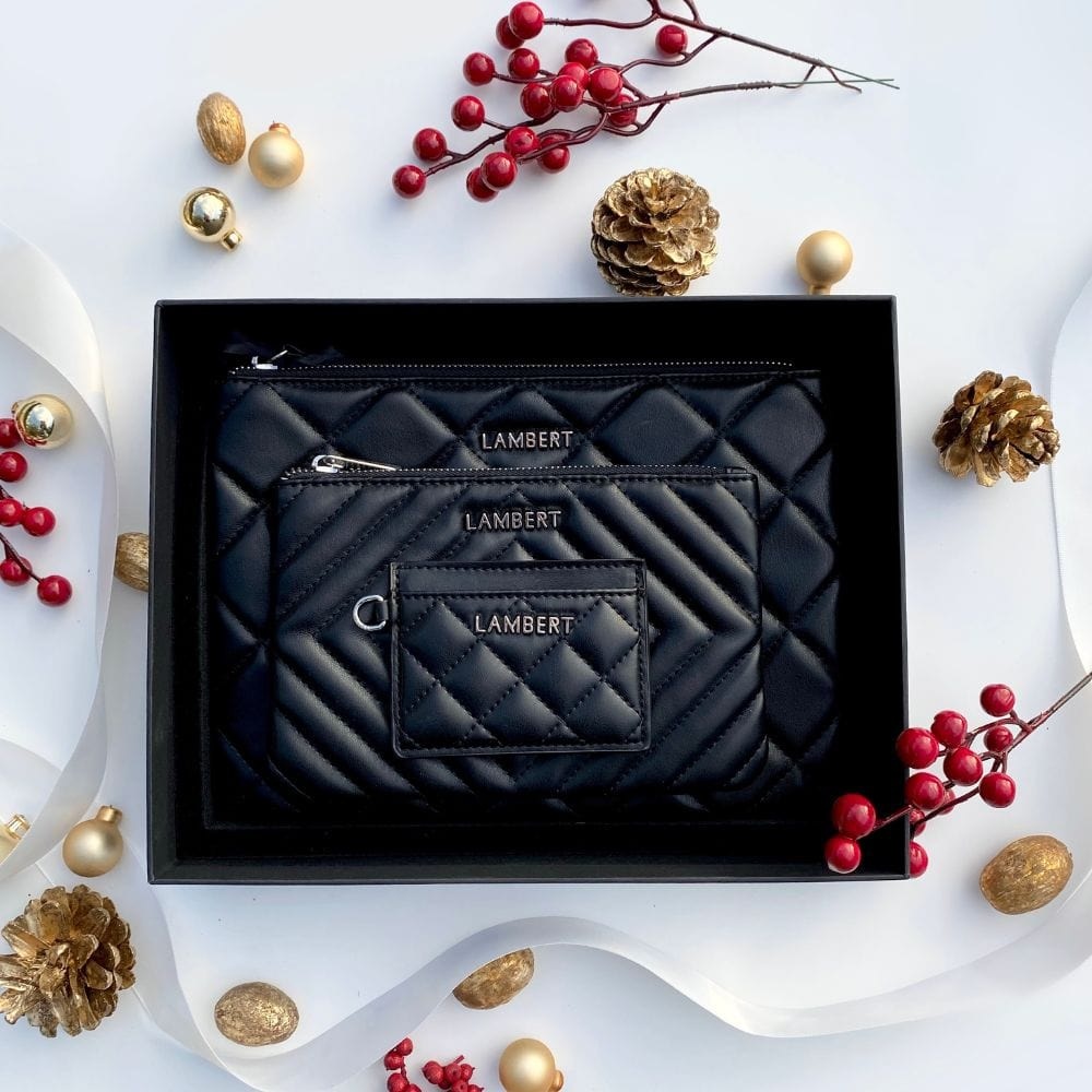 Lambert The Elle - Trio of Black Vegan Leather Quilted Pouches