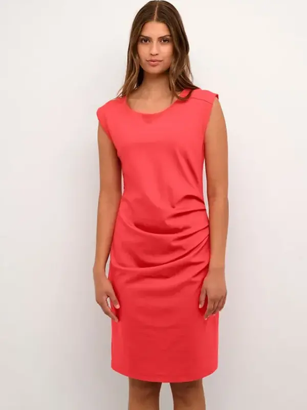 Dress up with a coral dress R120, gold sandals R110 and sun hat