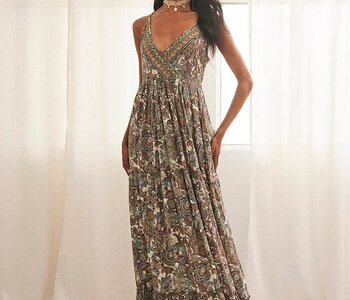Long Printed Dress Embroidered Neckline