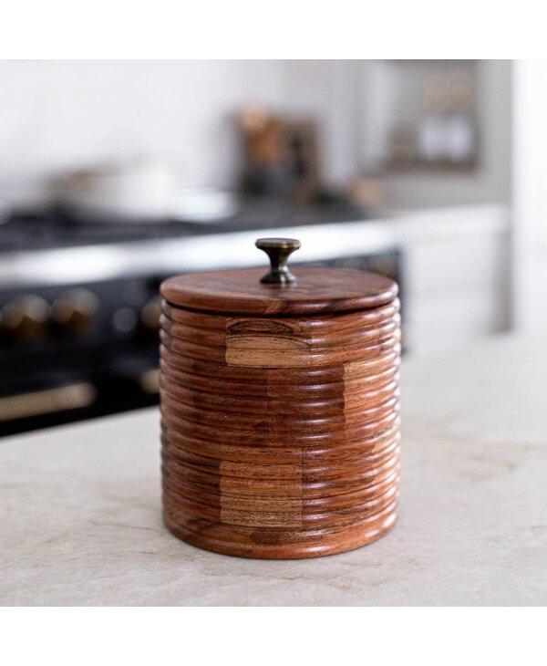 Luxe B Pampas Grass Acacia Wood Ribbed Jar