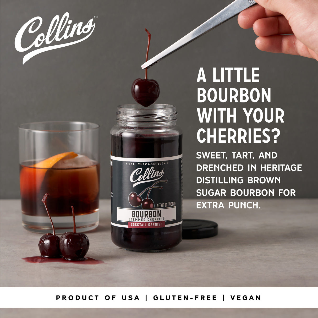 Collins Bourbon Cocktail Cherries, 11 oz