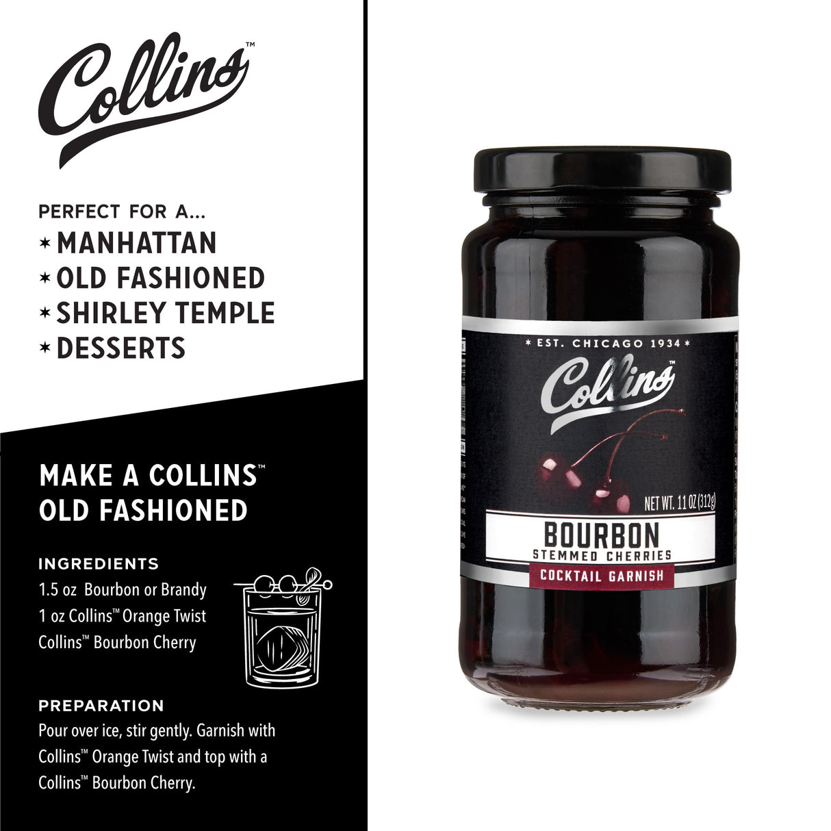 Collins Bourbon Cocktail Cherries, 11 oz