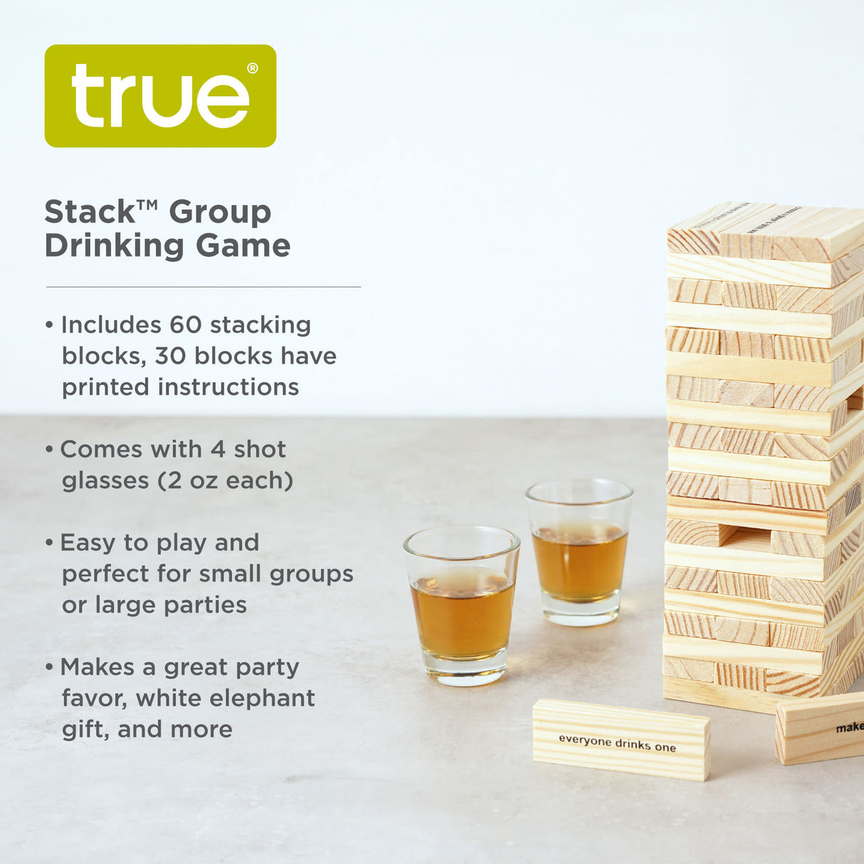 True Brands Stack Stacking Blocks Drinking Game with Shot Glasses