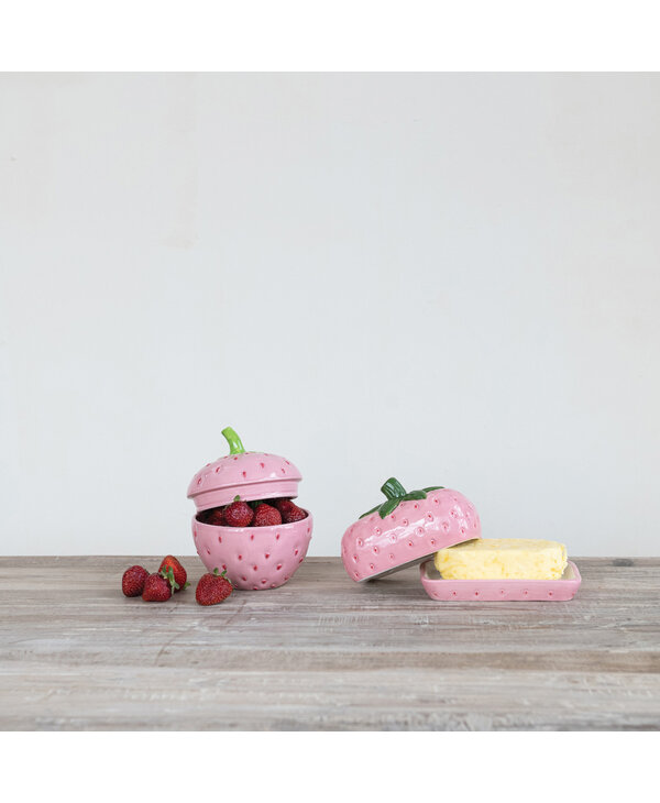 CREATIVE CO-OP Hand-Painted Ceramic Strawberry Butter Dish