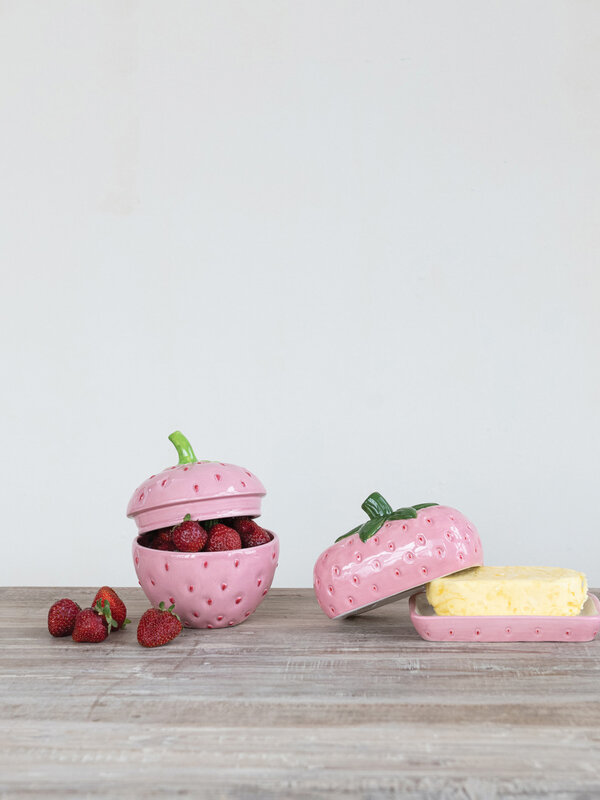 CREATIVE CO-OP Hand-Painted Ceramic Strawberry Butter Dish