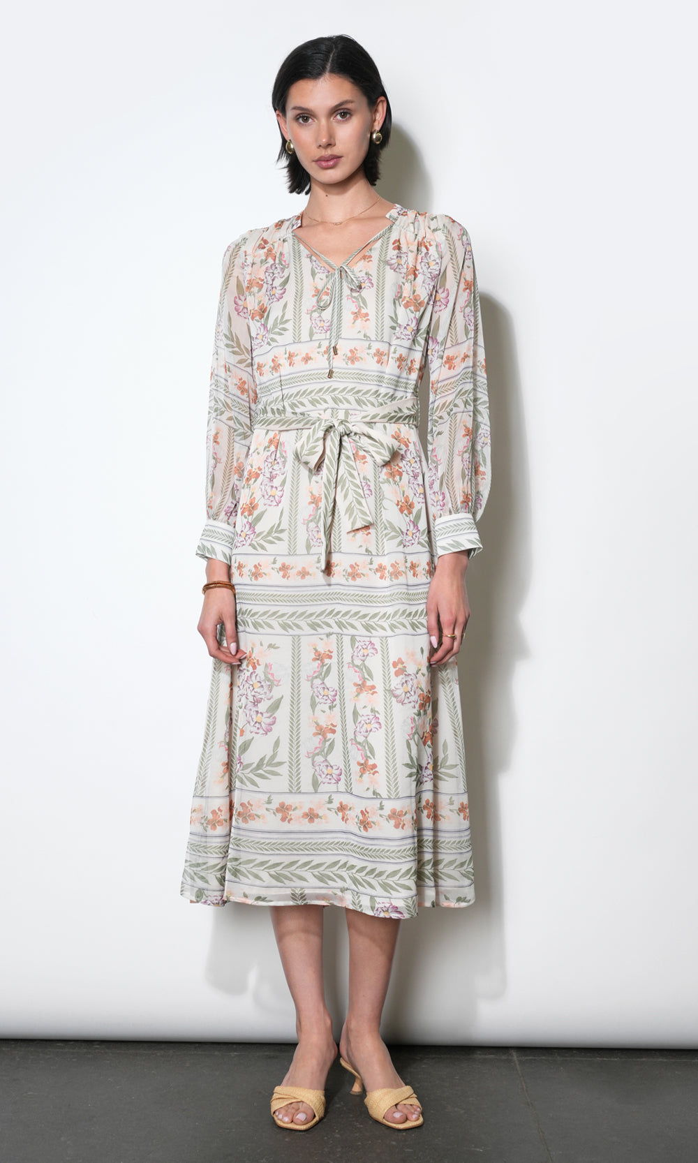 Greylin Reese Flowy Scarf Print Midi Dress w/Tie Belt