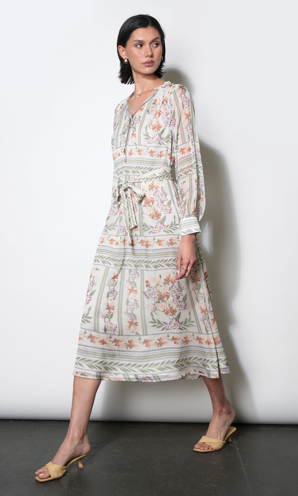 Greylin Reese Flowy Scarf Print Midi Dress w/Tie Belt