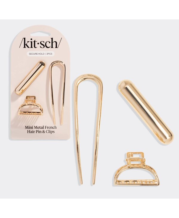 KITSCH Mini Metal French Hair Pin & Clips 3pc Set - Gold