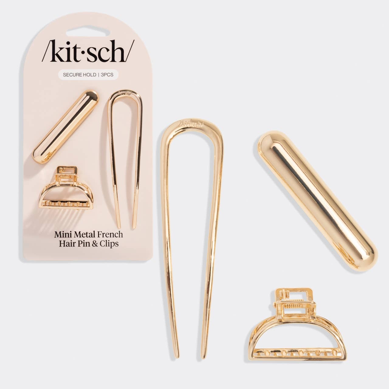 KITSCH Mini Metal French Hair Pin & Clips 3pc Set - Gold