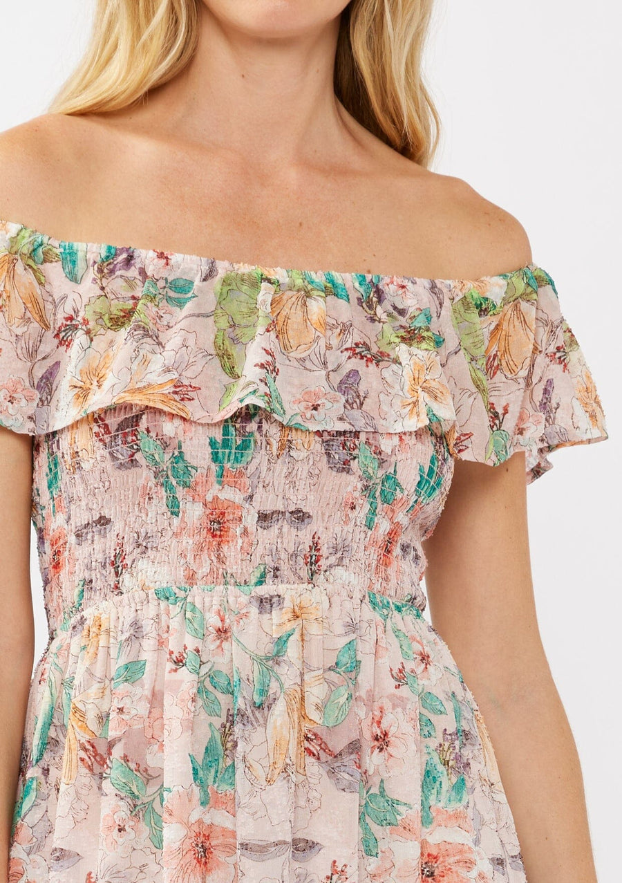 LOVESTITCH Floral Dust Off Shoulder Midi Dress