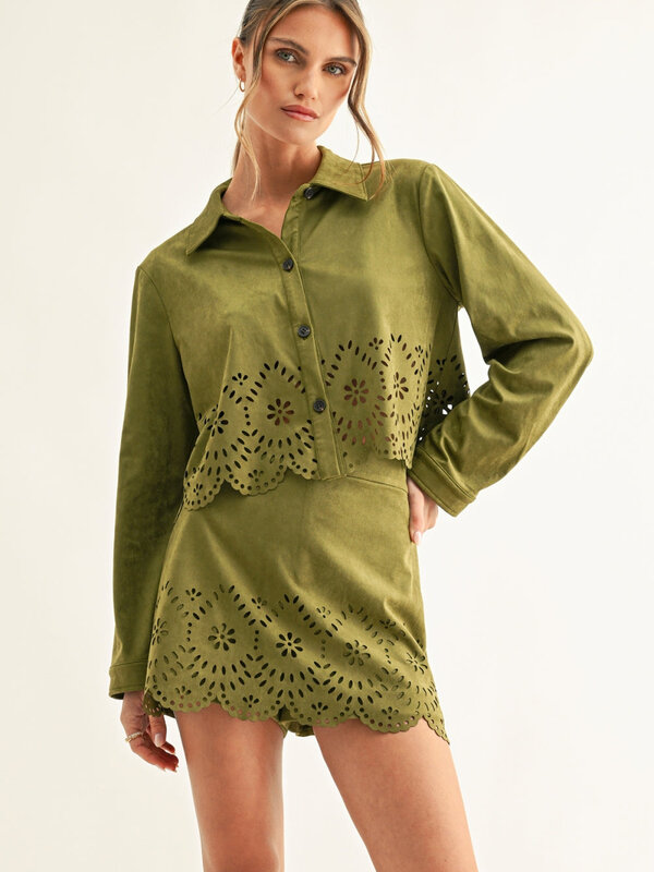 adelyn rae Lucia Eyelet Faux Suede Shirt