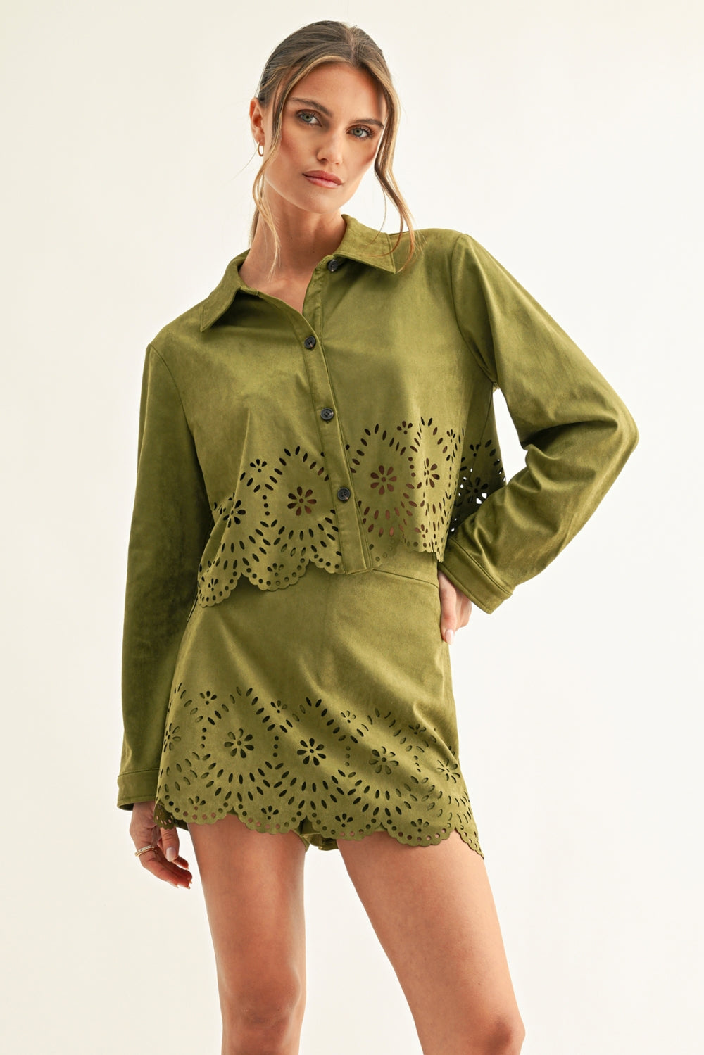 adelyn rae Lucia Eyelet Faux Suede Shirt