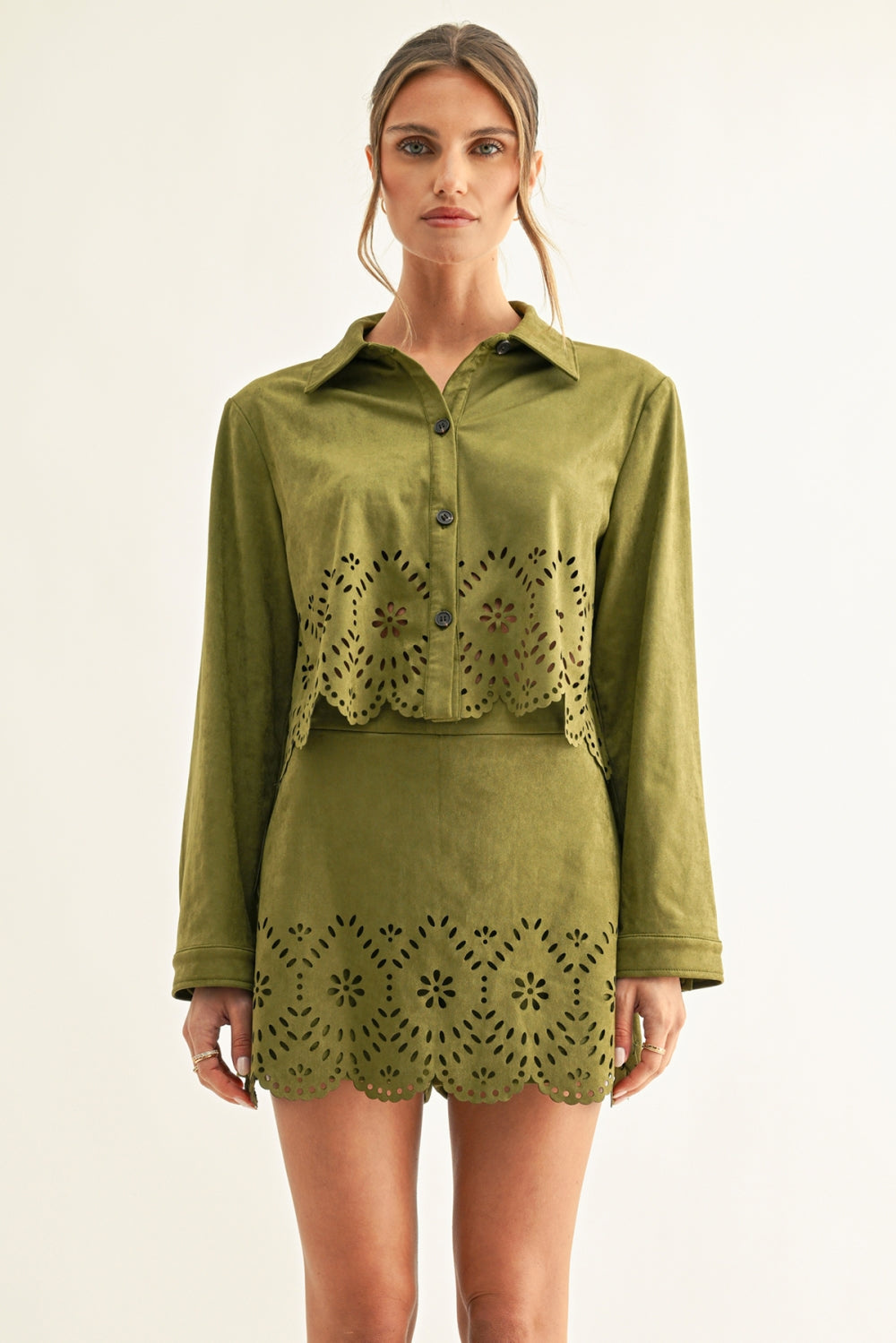 adelyn rae Lucia Eyelet Faux Suede Shirt