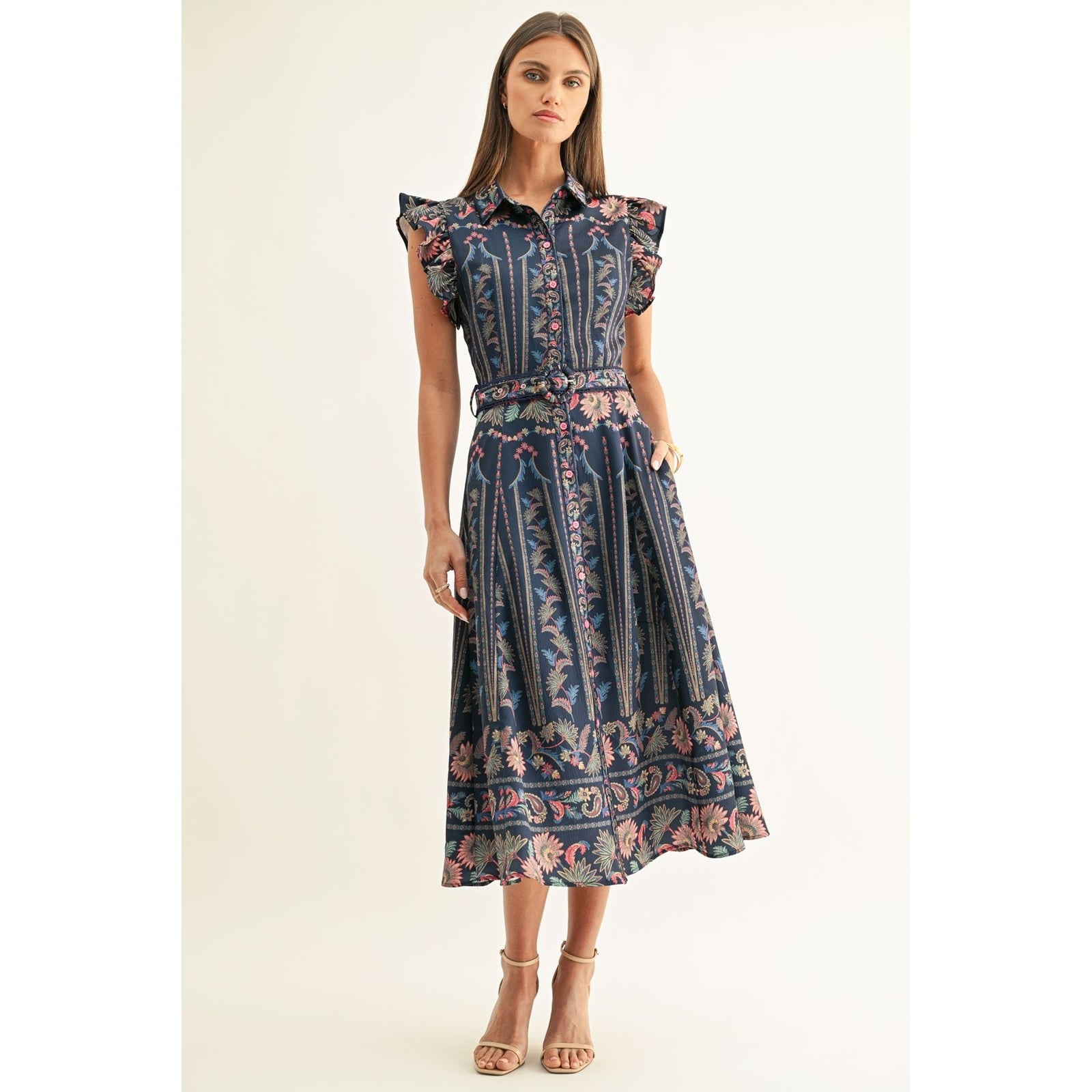 adelyn rae Karly Ruffled Sleeves Midi Dress