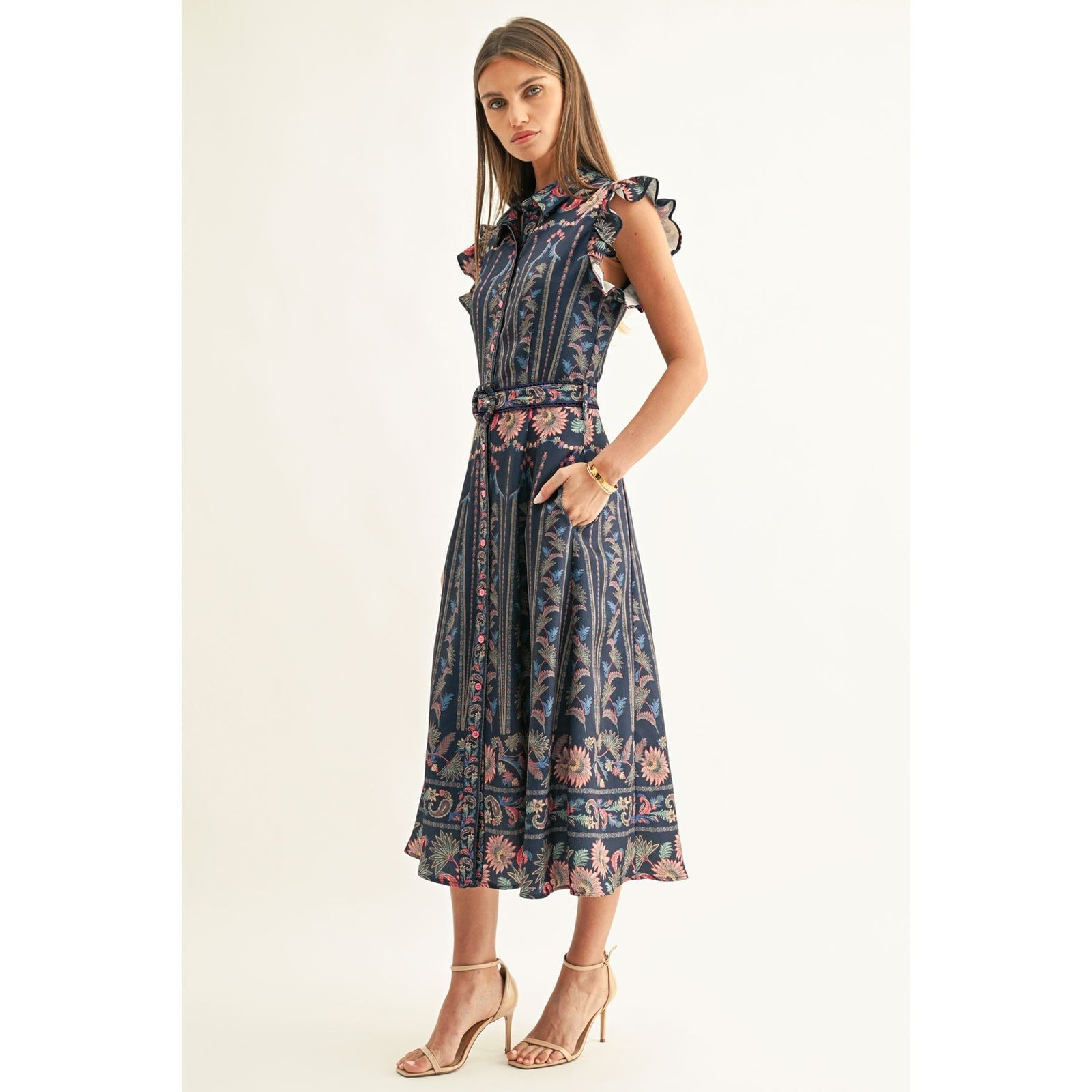 adelyn rae Karly Ruffled Sleeves Midi Dress