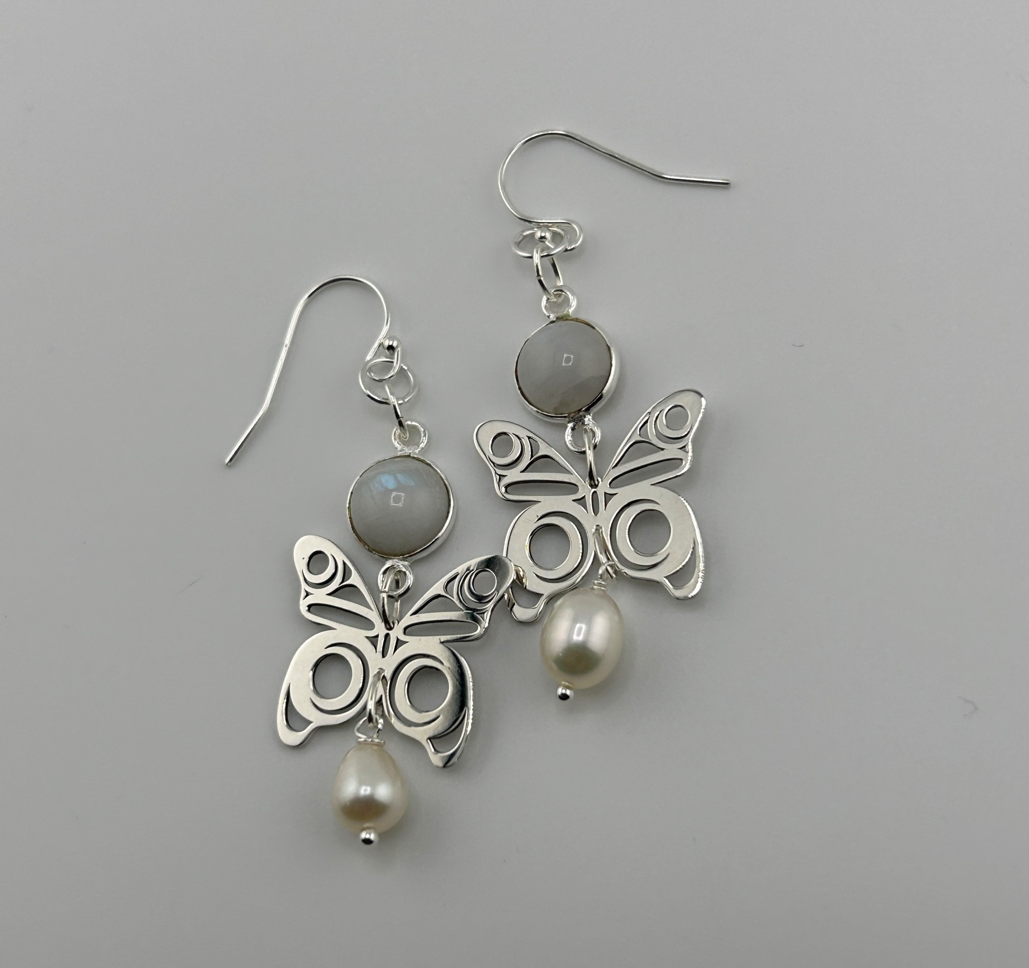 Morgan Asoyuf Earrings - Butterfly - Rainbow Moonstone & Pearls