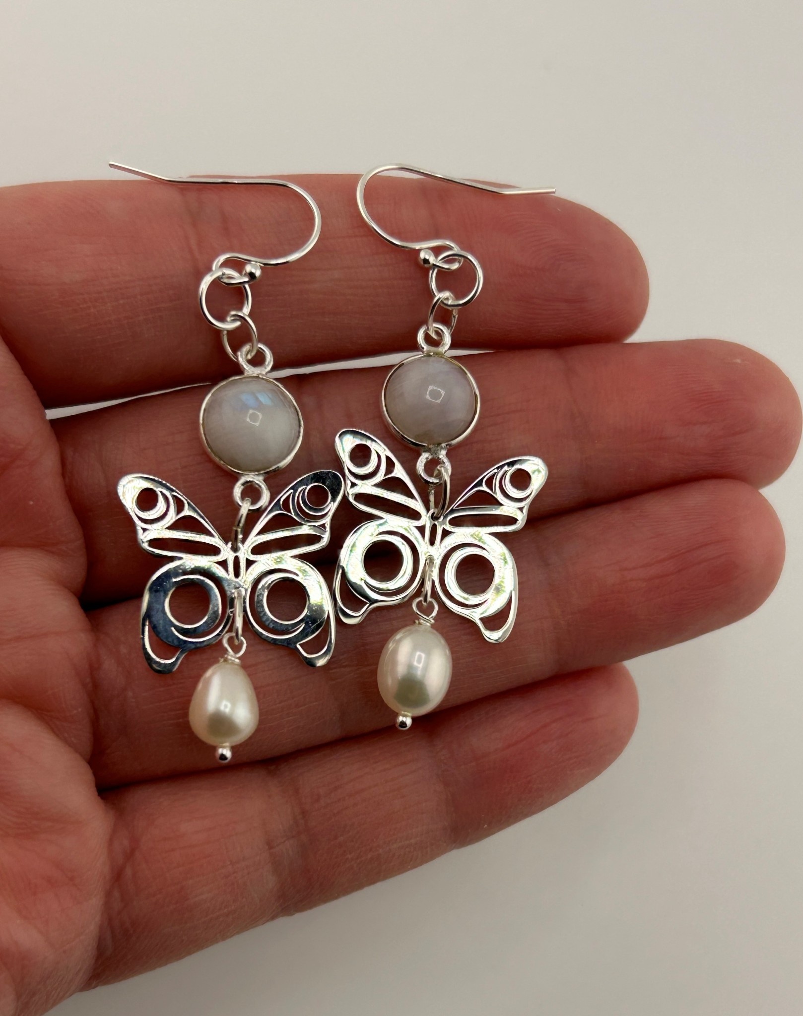Morgan Asoyuf Earrings - Butterfly - Rainbow Moonstone & Pearls
