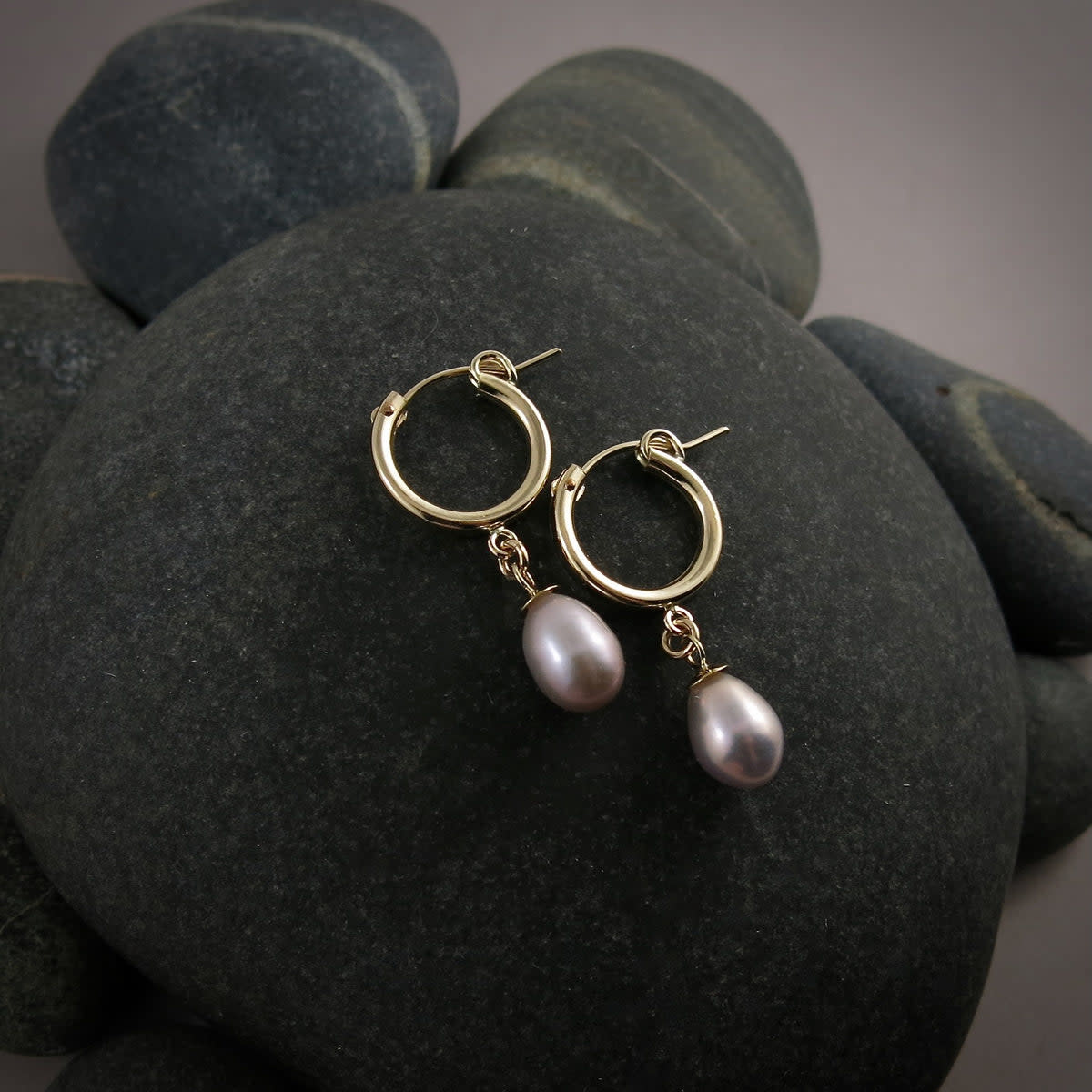 Mikel Grant Jewelry Earrings - Gold Tube Hoop, Pink Pearl Drops 14K