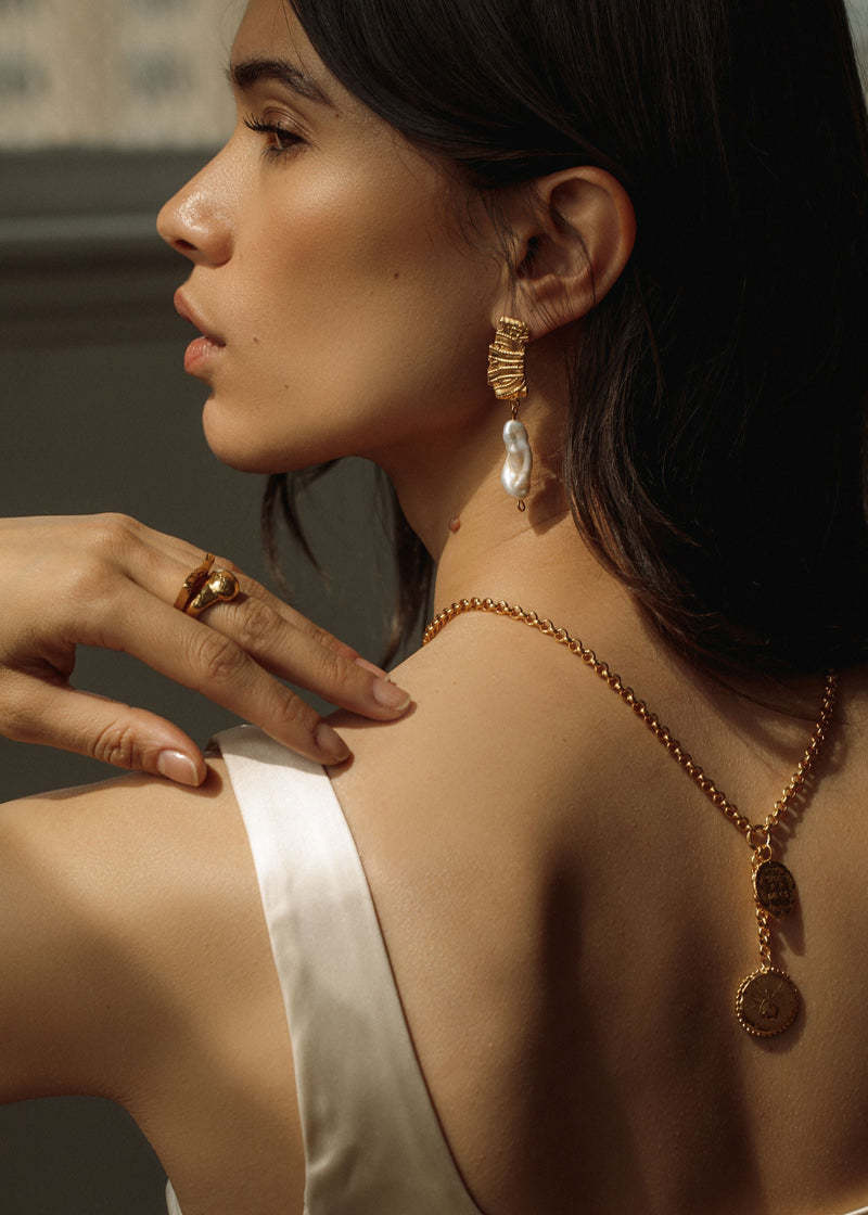 Pamela Card Earrings - Filigree Divine - 24K Plated, Freshwater Biwa Pearl