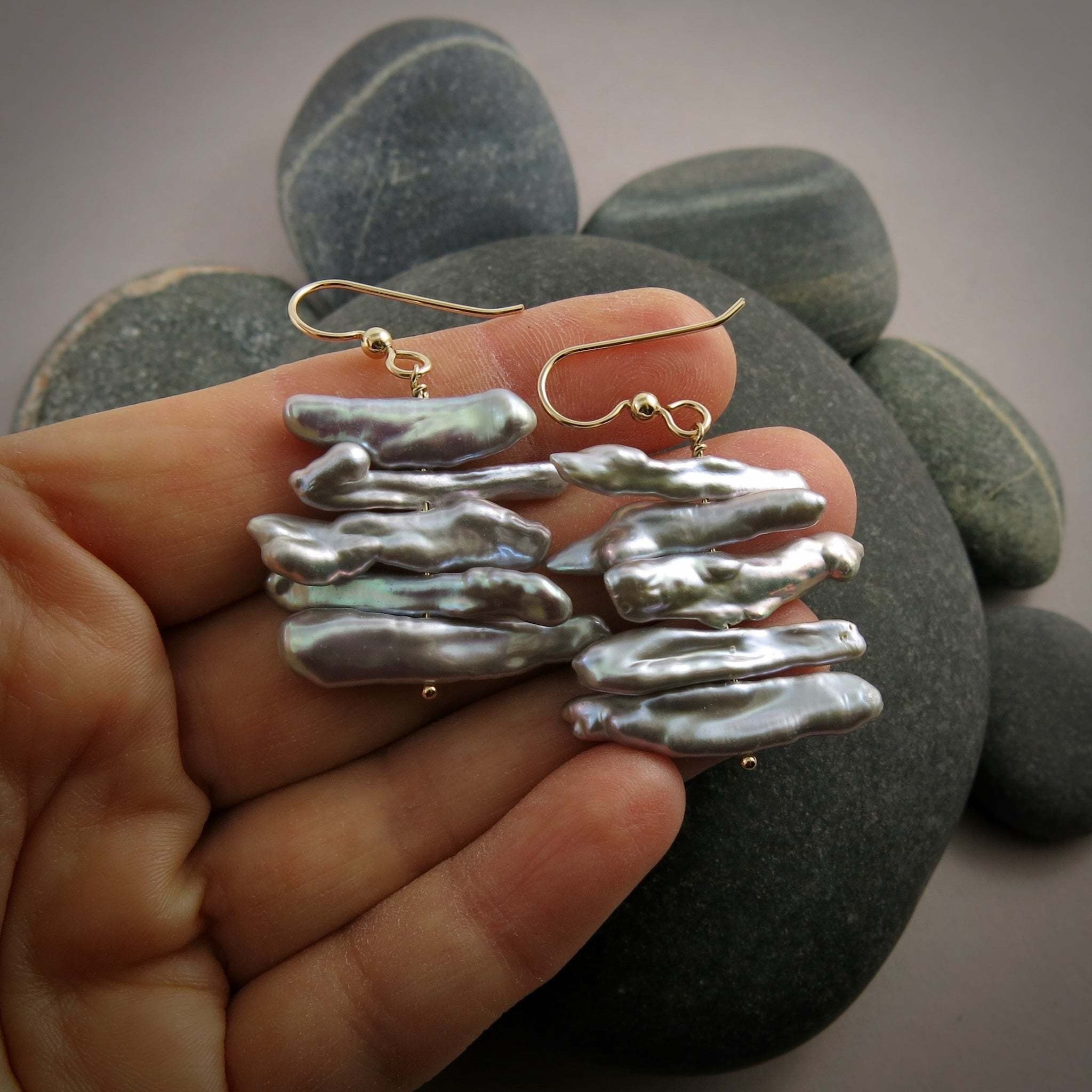 Mikel Grant Jewelry Earrings - Stick Stack Grey Keshi Pearls, 14K Gold Fill