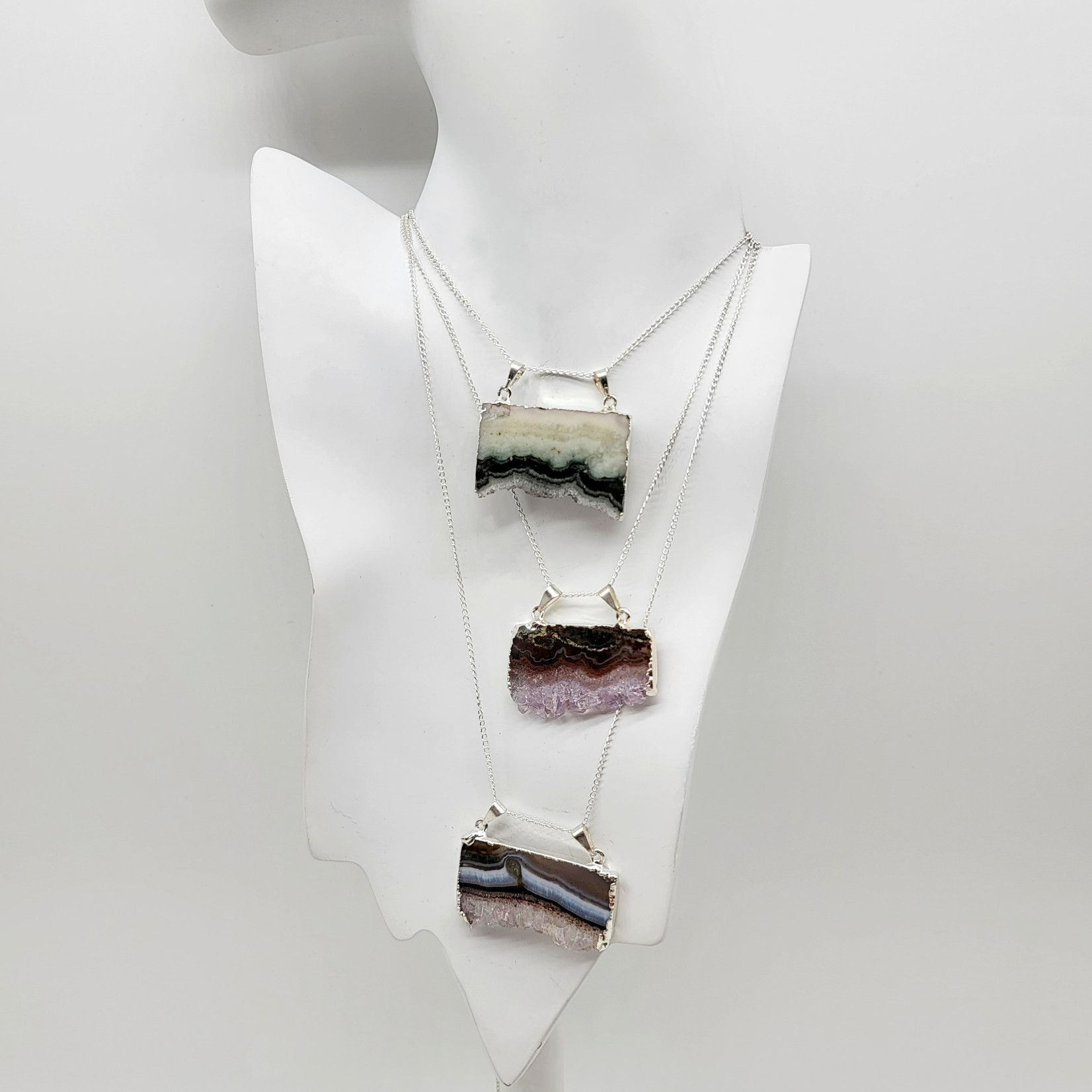 Horizontal Amethyst Slice Silver Pendant Necklace