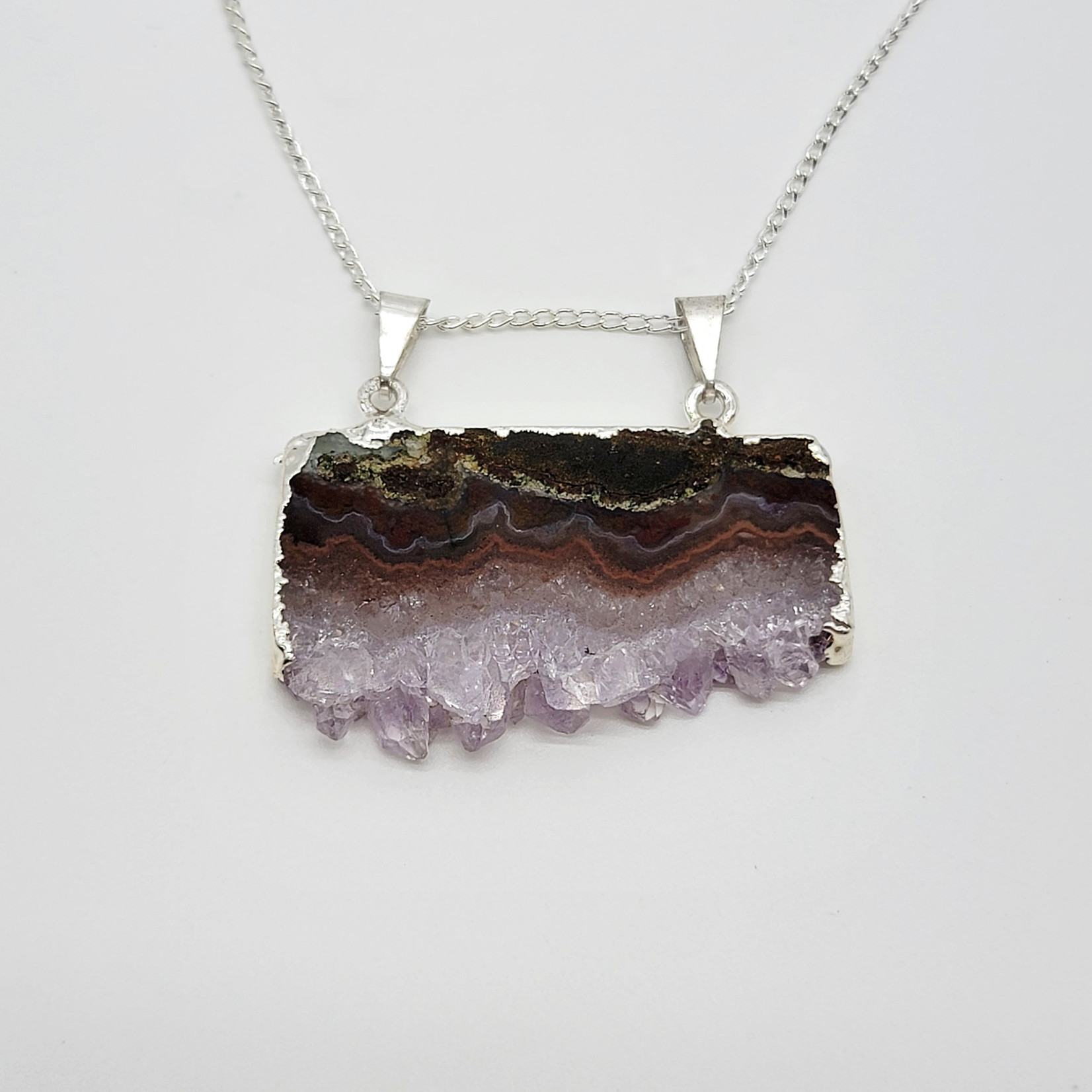 Horizontal Amethyst Slice Silver Pendant Necklace
