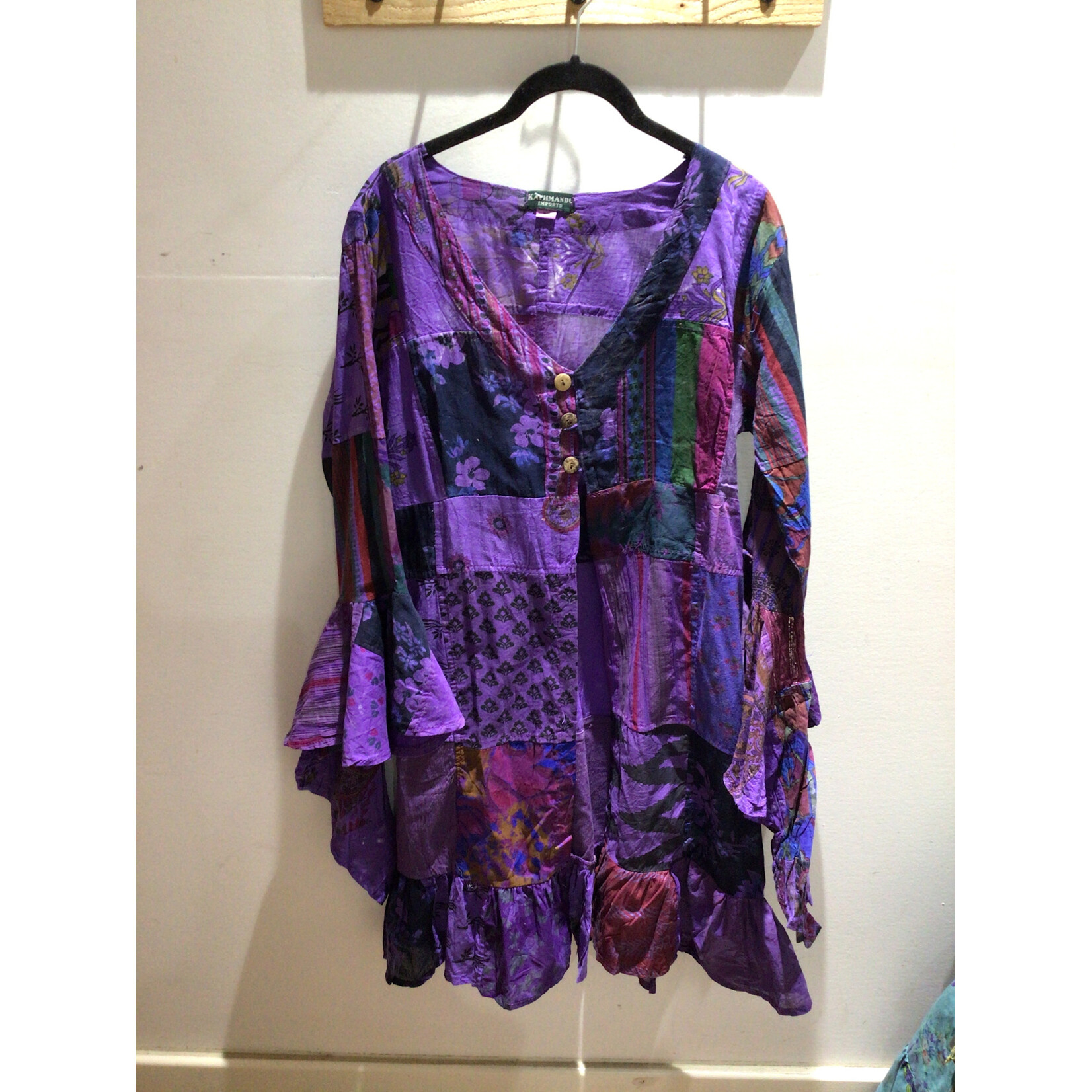 Patch Rayon Bell Sleeves Ruffle Kimono 1354