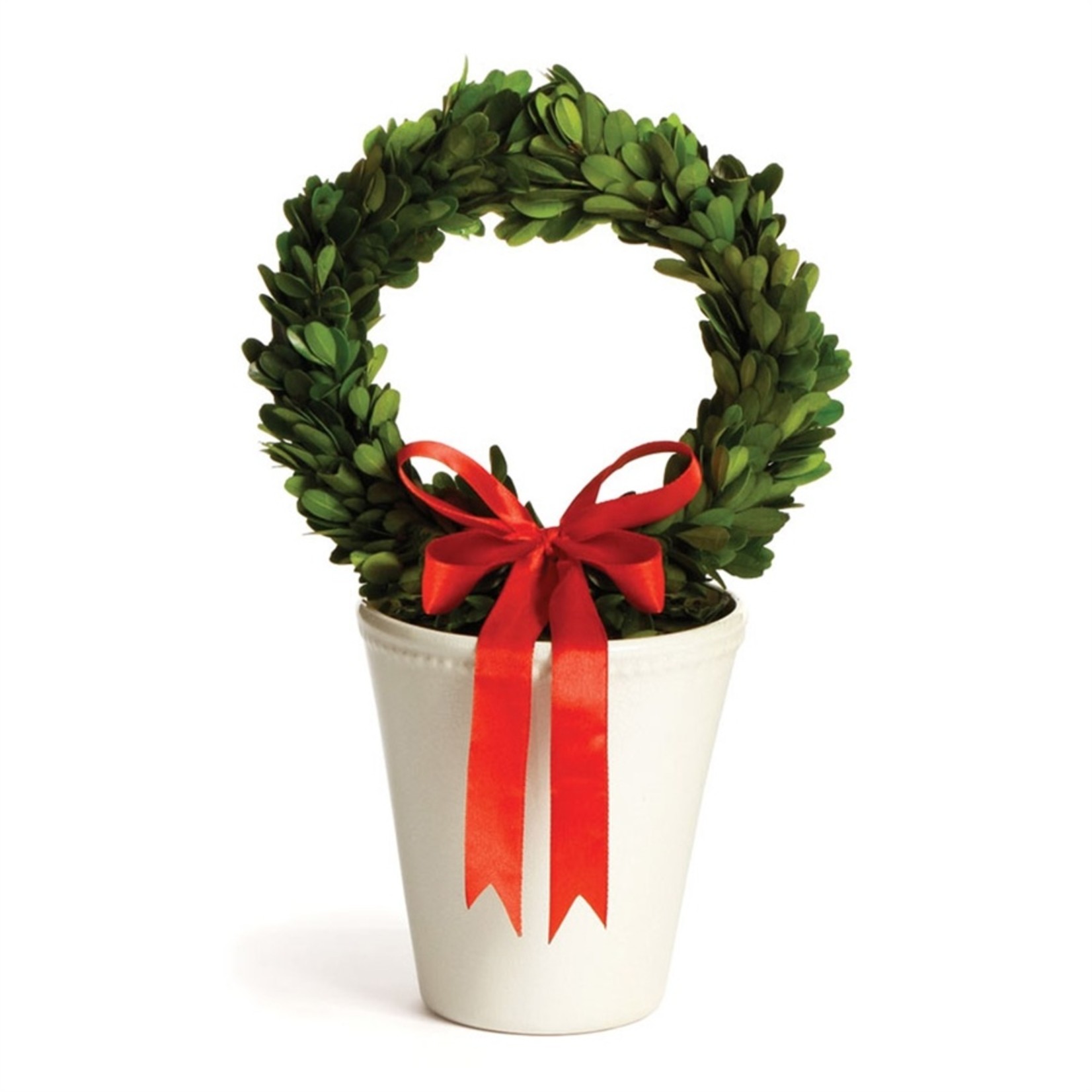 Napa Home and Garden Boxwood Wreath & Red Ribbon In White Pot