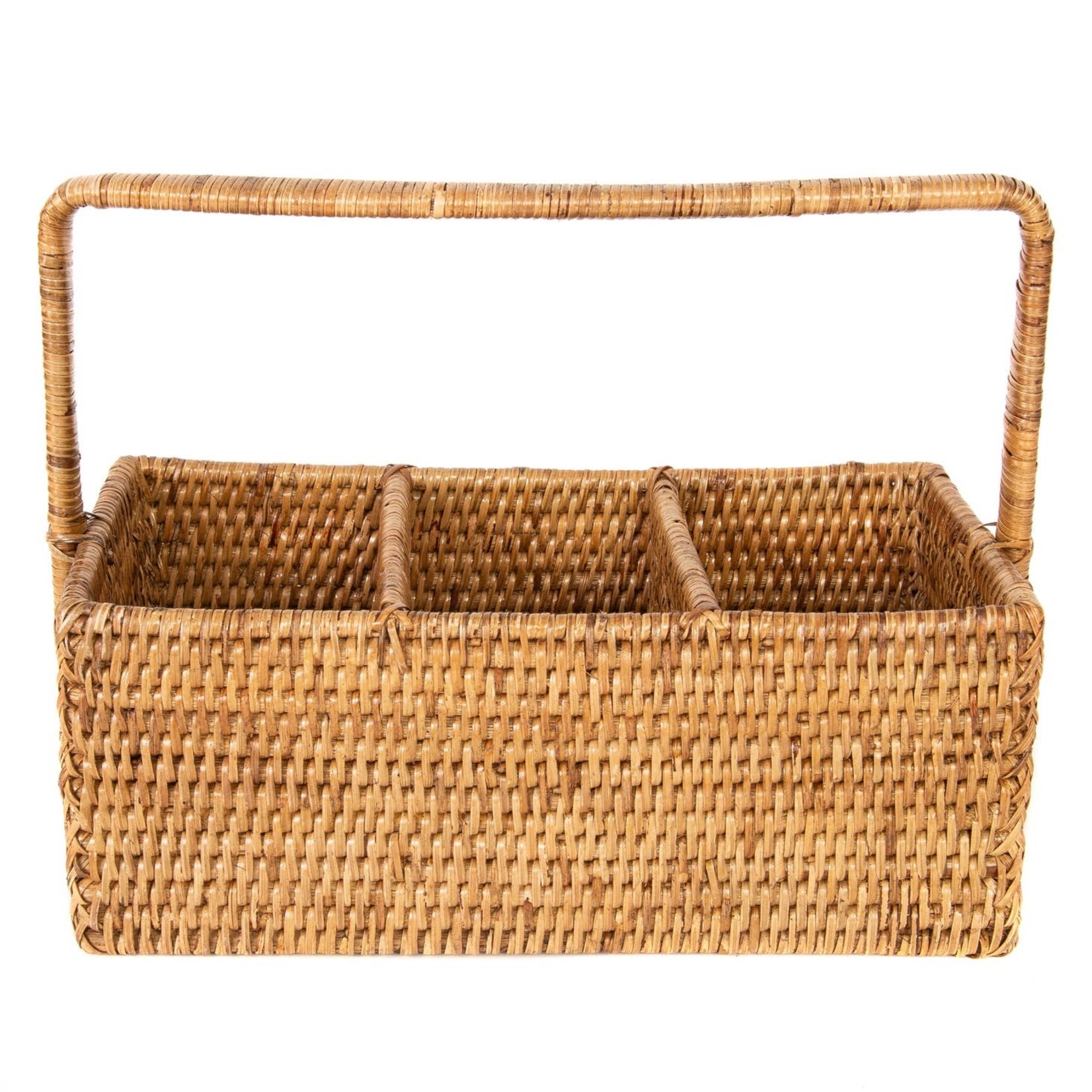Wicker Rattan Sectioned Caddy Utensil Basket w/ Dividers Leather Type Handle