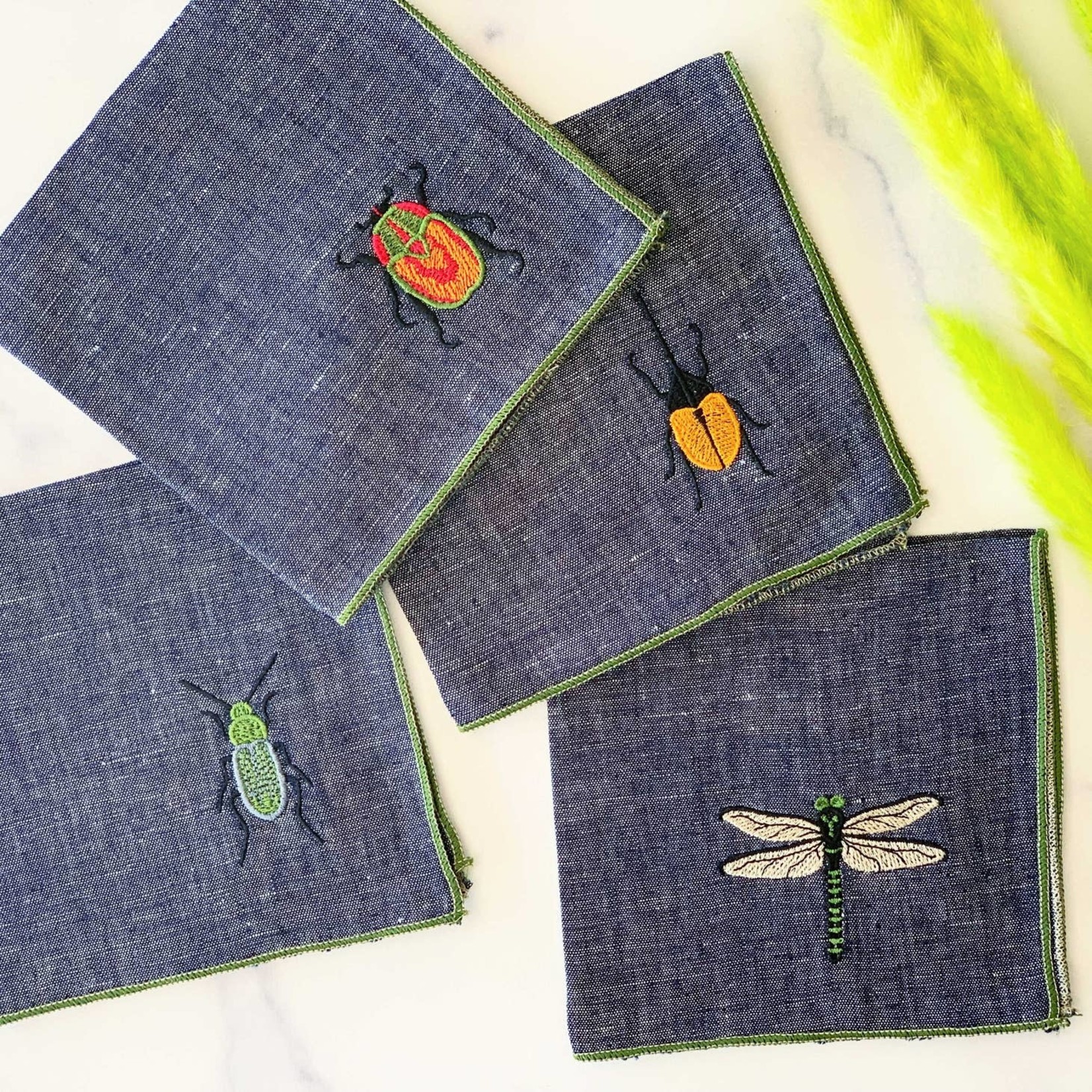Dot and Army Insect Embroidery Linen Chambray Cocktail Napkins (Set of 4)