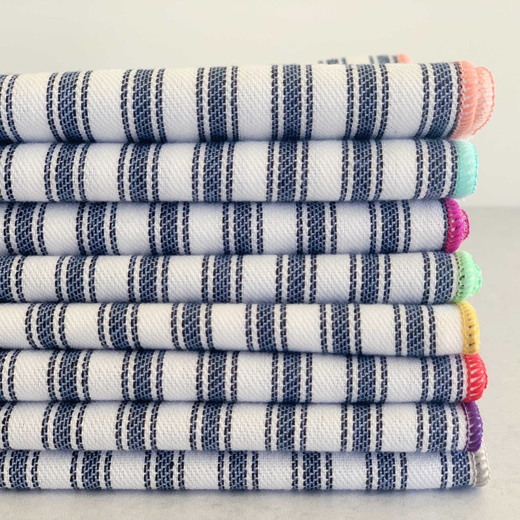 Dot and Army Blue Ticking Cloth Napkins with Multi-Colored Edging (Set of 8)