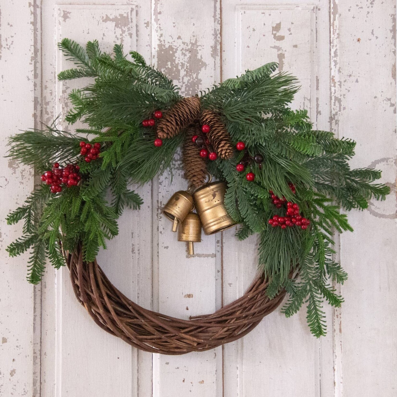 Audrey's Pine & Berries with Brass Bells Wreath - 20"