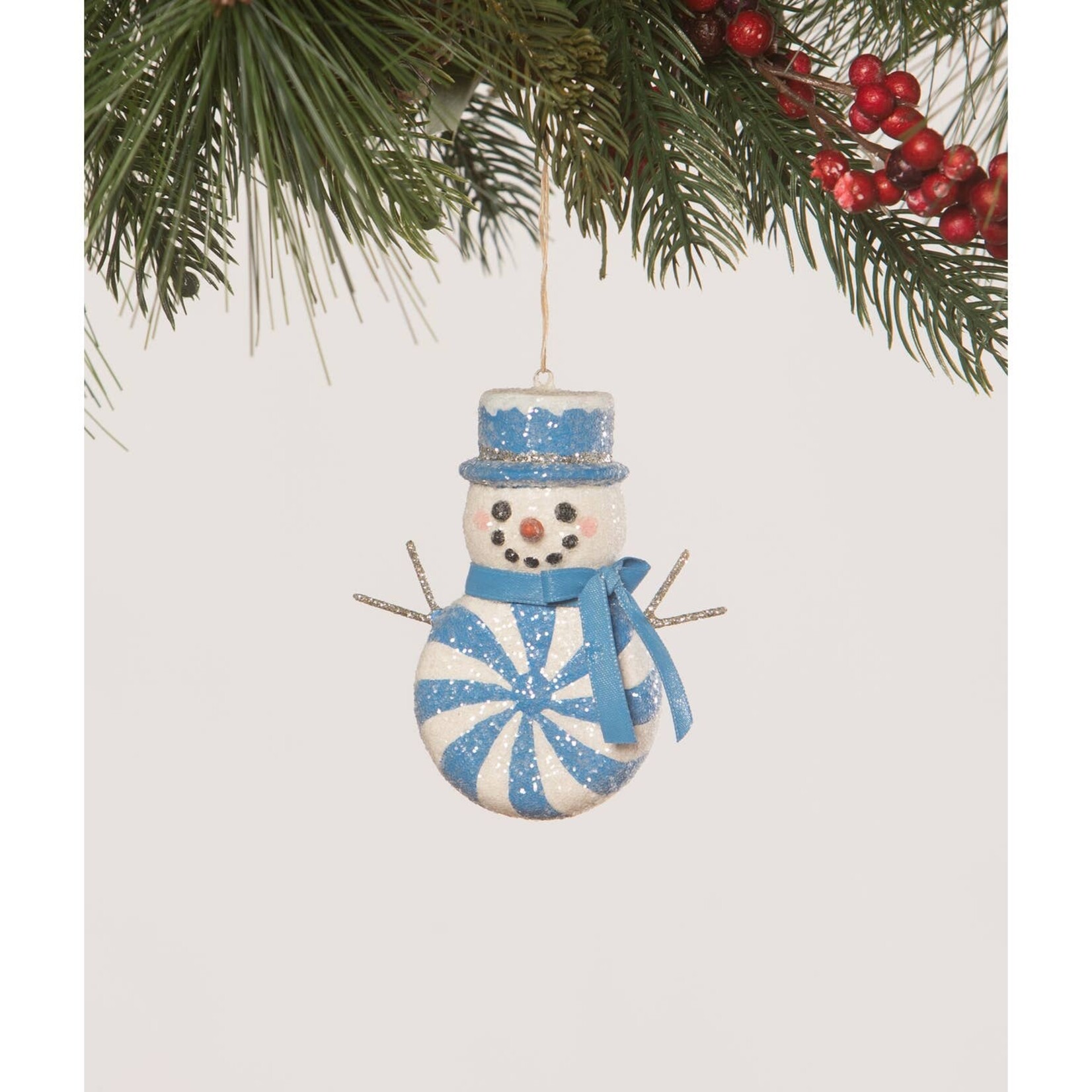 Bethany Lowe Designs Blue Peppermint Snowman Ornament