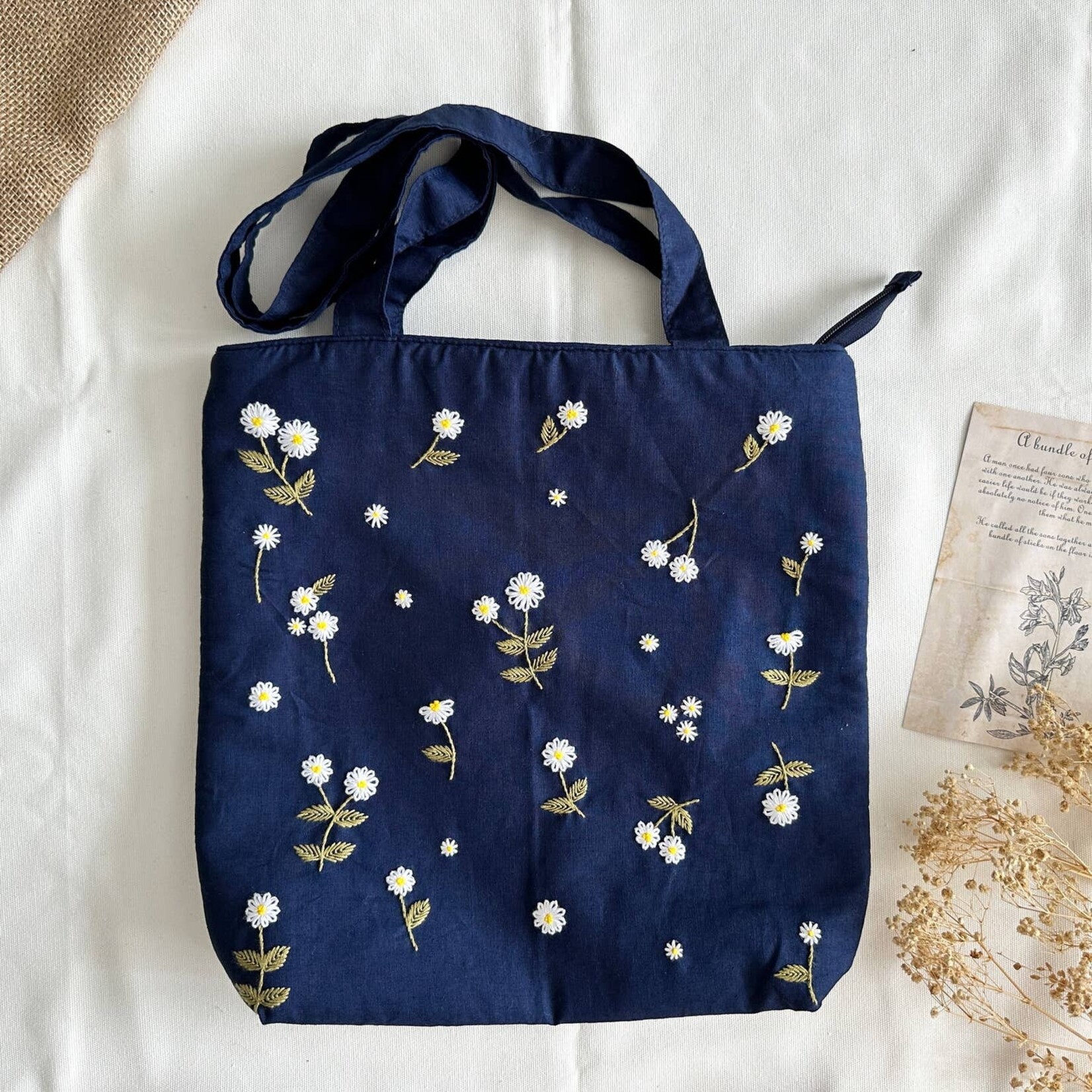 Quince Fables Embroidered Linen Tote Bags