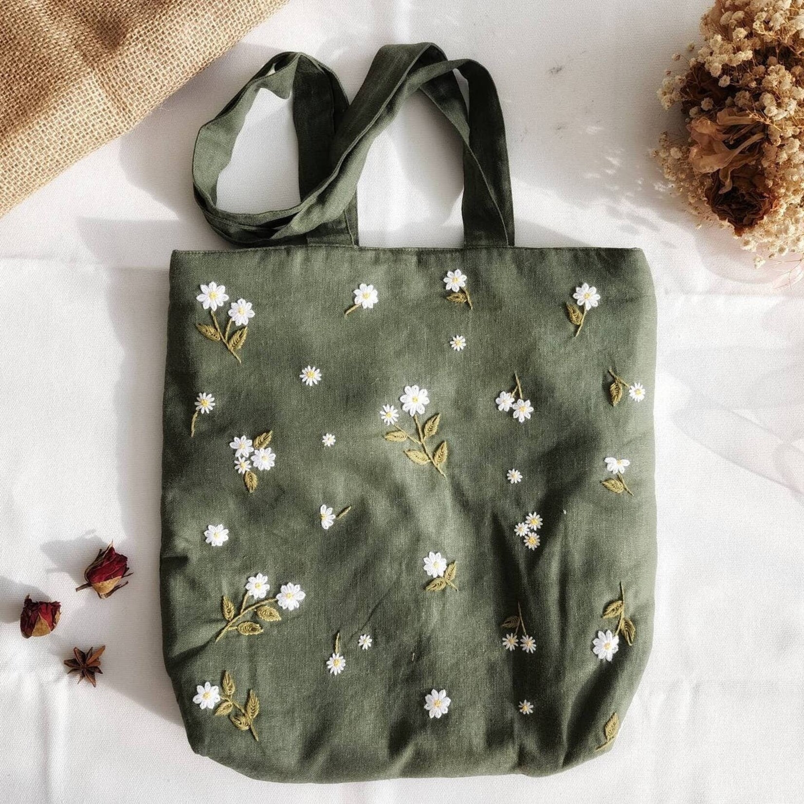 Quince Fables Embroidered Linen Tote Bags