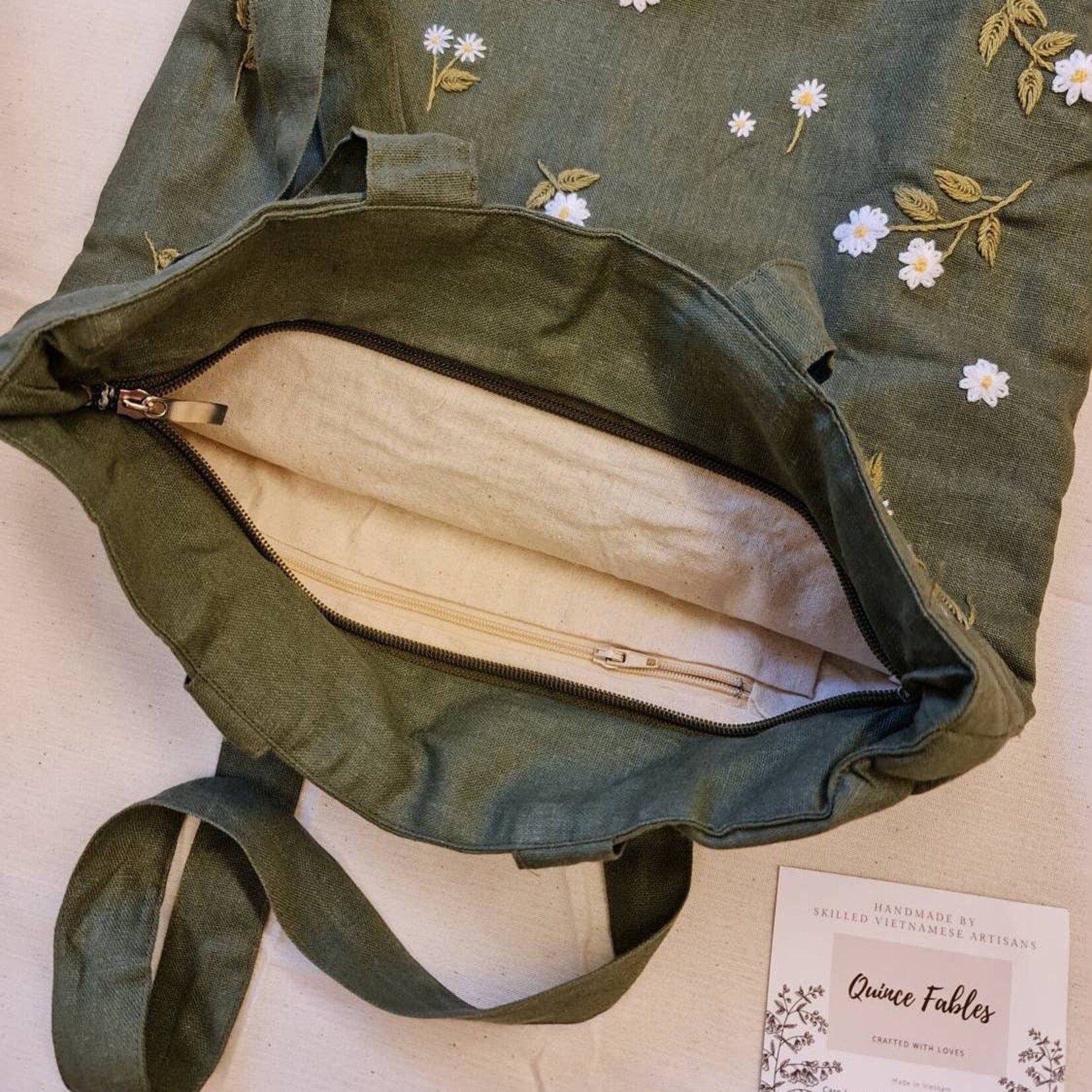 Quince Fables Embroidered Linen Tote Bags
