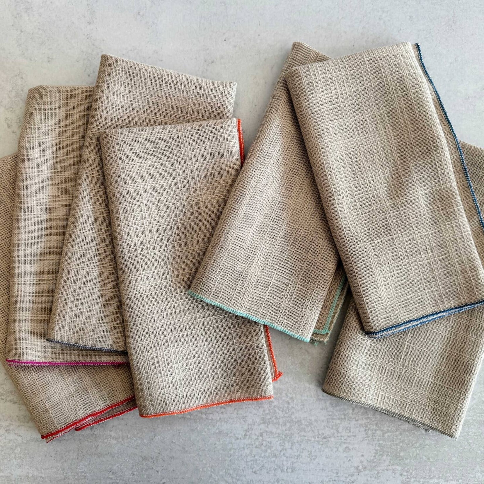 Dot and Army Oatmeal Linen Cloth Napkins with Multi-Colored Edging (Set of 8)